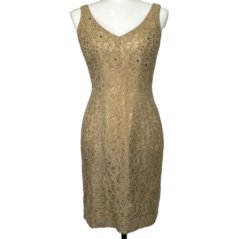 Vintage Sleeveless Lace Mini Dress V Neck Size Small Gold